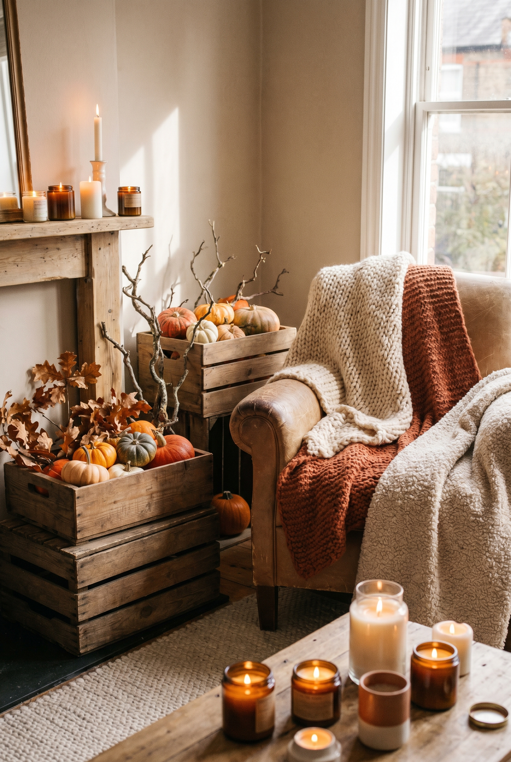 Cozy autumn decor with warm throws, candles, small pumpkins and dried leaves