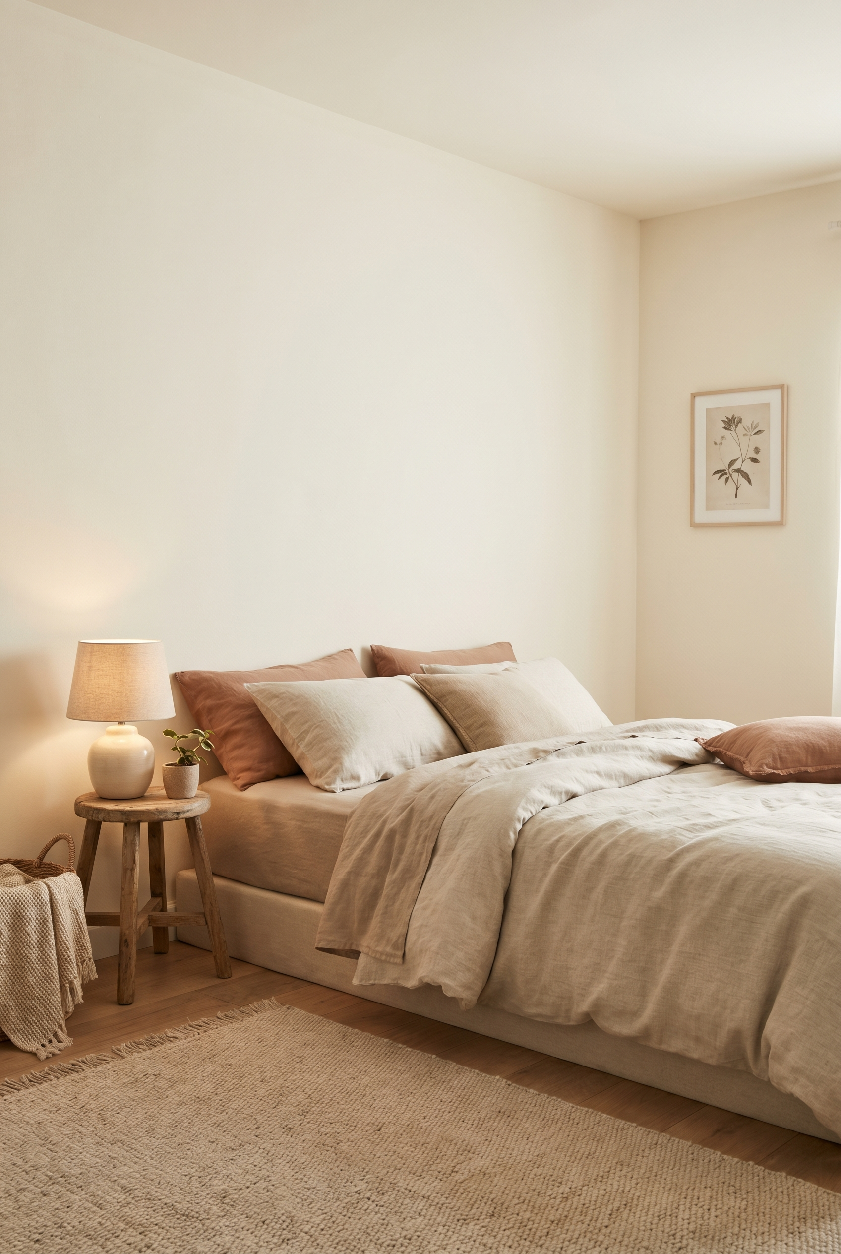 A cozy minimalist bedroom with simple warm linen bedding and a single warm lamp