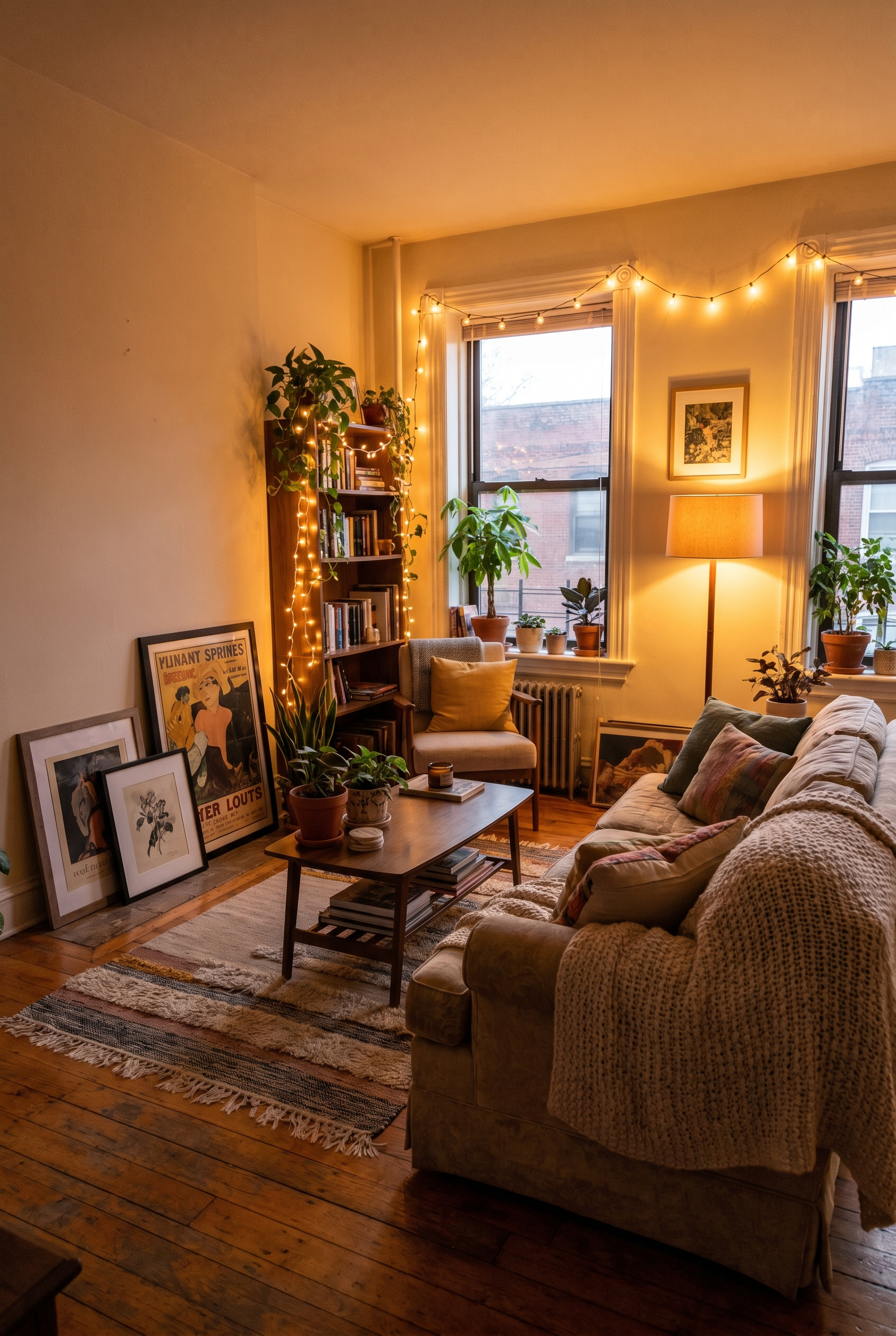 A cozy rented living room with leaning art, a rug, string lights and warm light