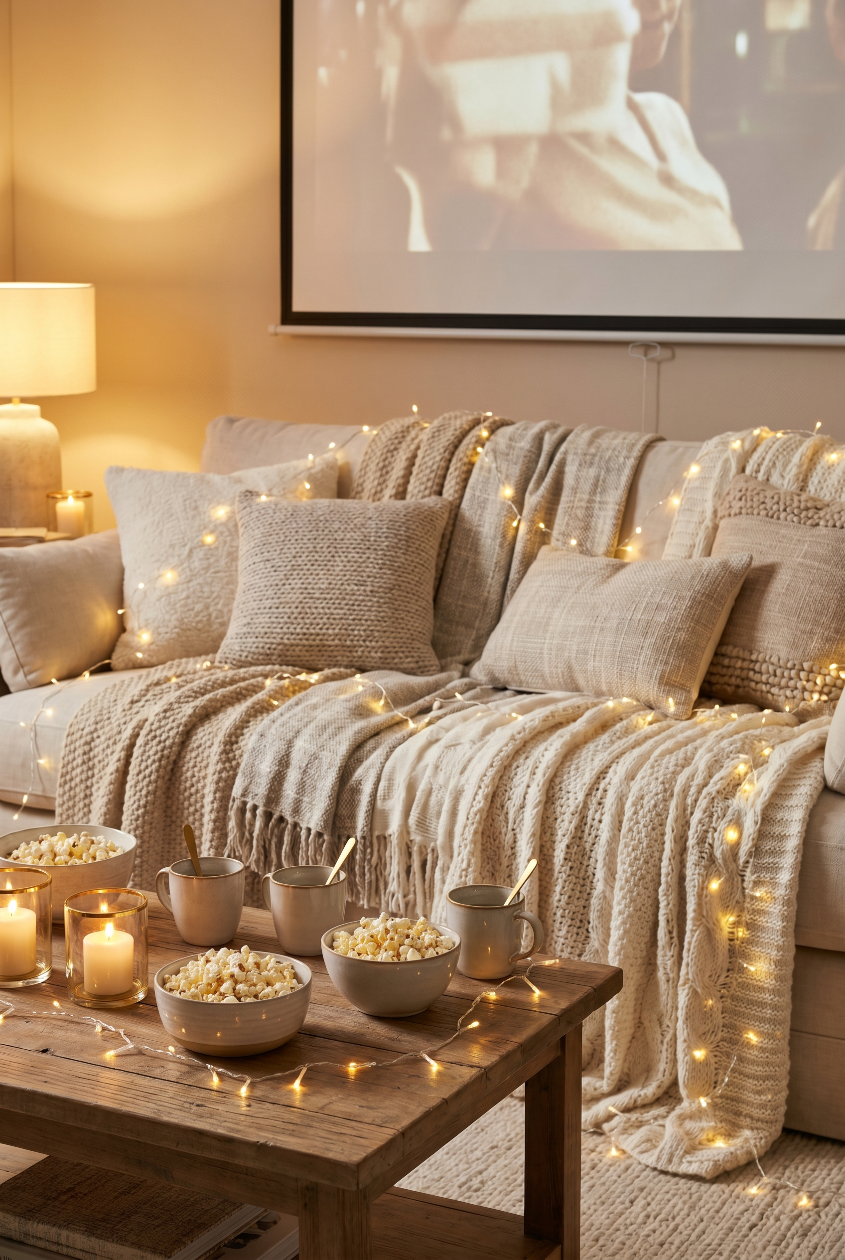 Ein glamouröser Mädels-Filmabend mit weichen Decken, Popcorn, Lichterketten und dem Schein der Leinwand
