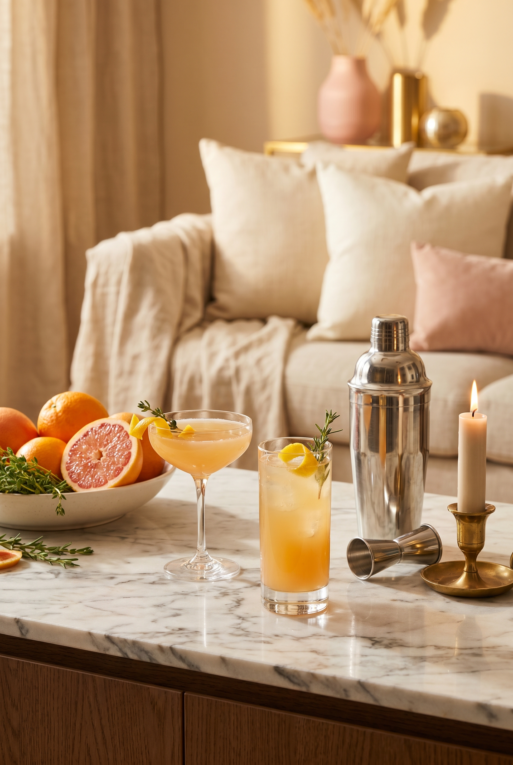 Eleganter Cocktailabend zuhause mit Coupé-Gläsern, Shaker, Zitrusfrüchten und Kerzenlicht in warmen Beigetönen