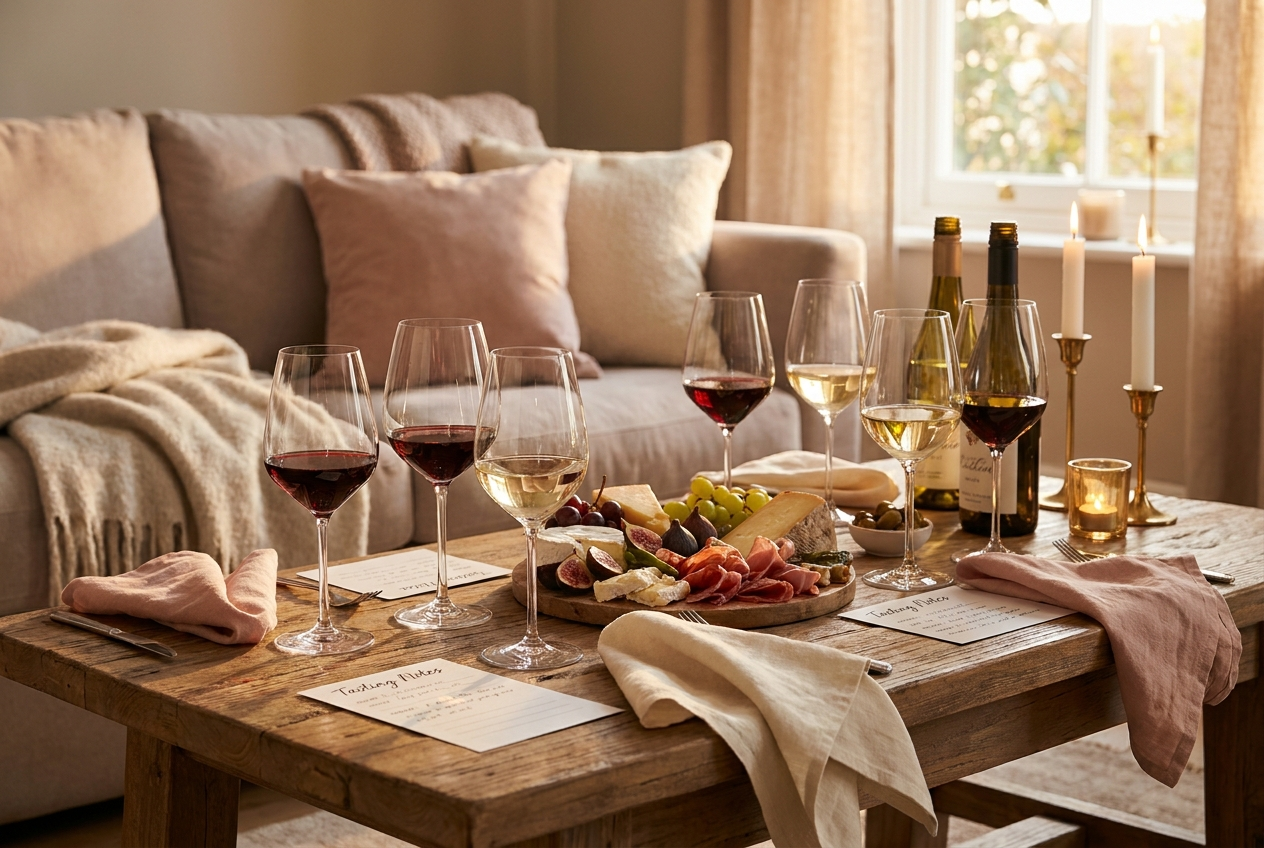Wine Tasting mit den Girls zuhause: Weingläser, Käse-Board, Trauben und Verkostungskarten auf einem warmen Tisch