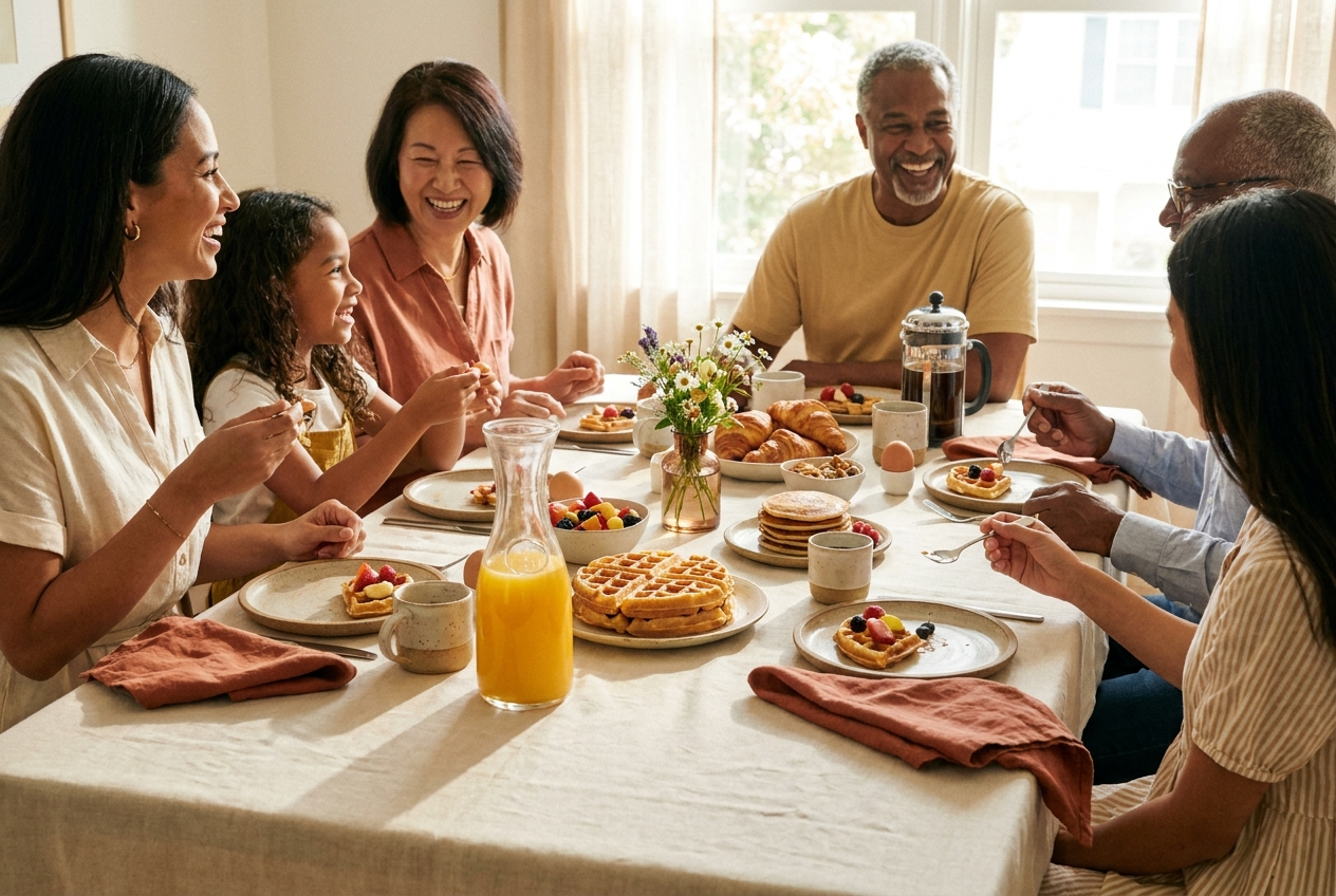 Sonntags Family Brunch zuhause: gedeckter Tisch mit Waffeln, Obst, Croissants, Saftkaraffe und Kaffee