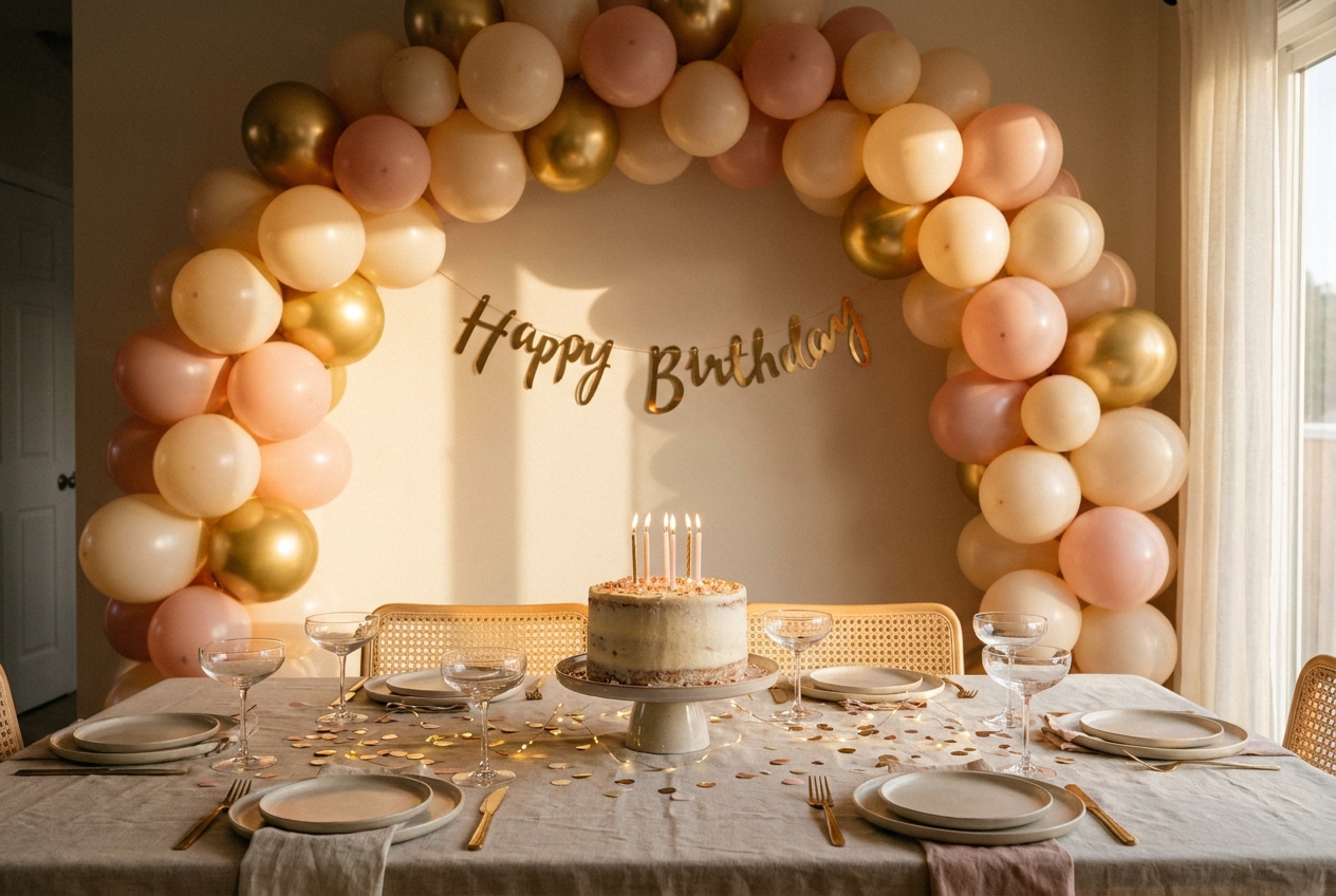 Geburtstag zuhause: Ballon-Girlande, Happy-Birthday-Banner, Torte auf Tortenplatte mit Kerzen und Lichterketten