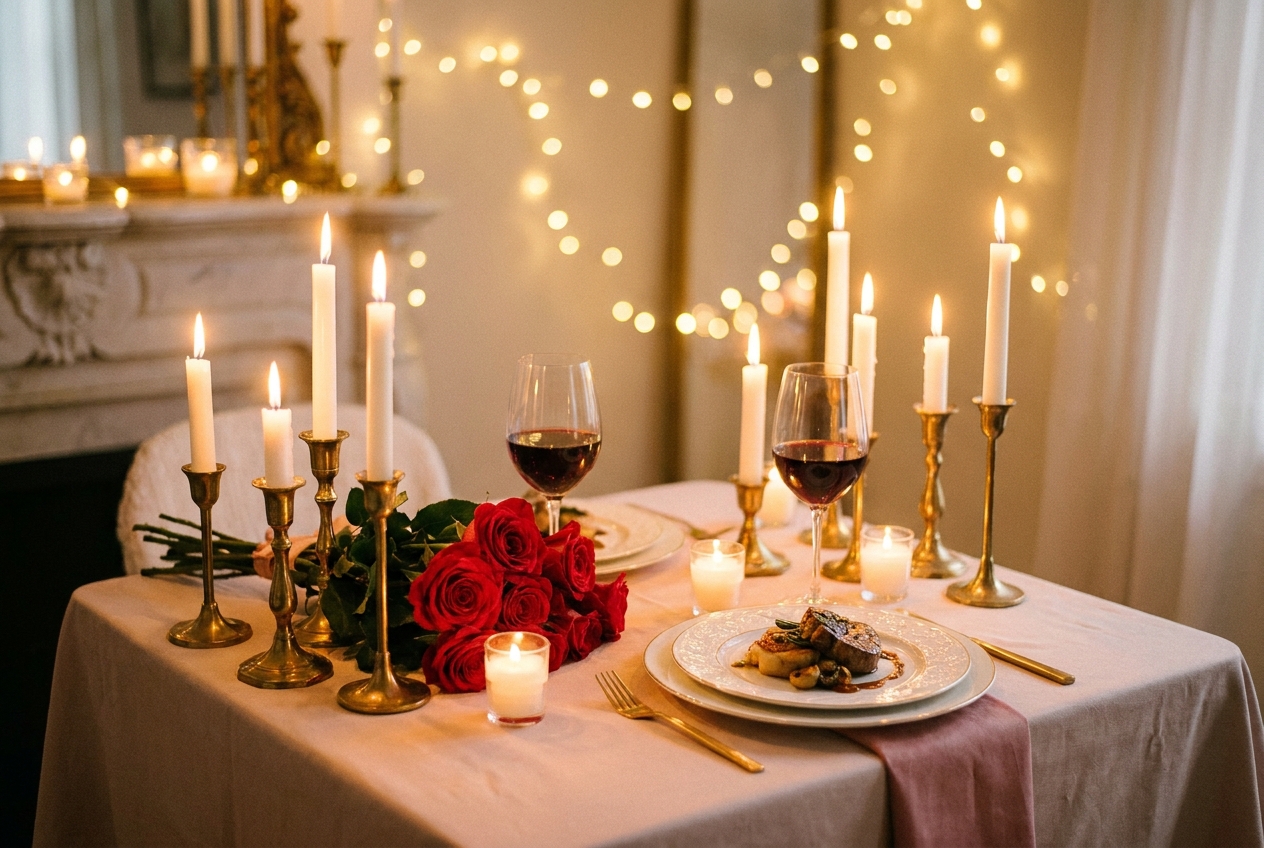 Romantischer Valentinstag zuhause: gedeckter Tisch für zwei mit Kerzen, roten Rosen, Weingläsern und Lichterketten