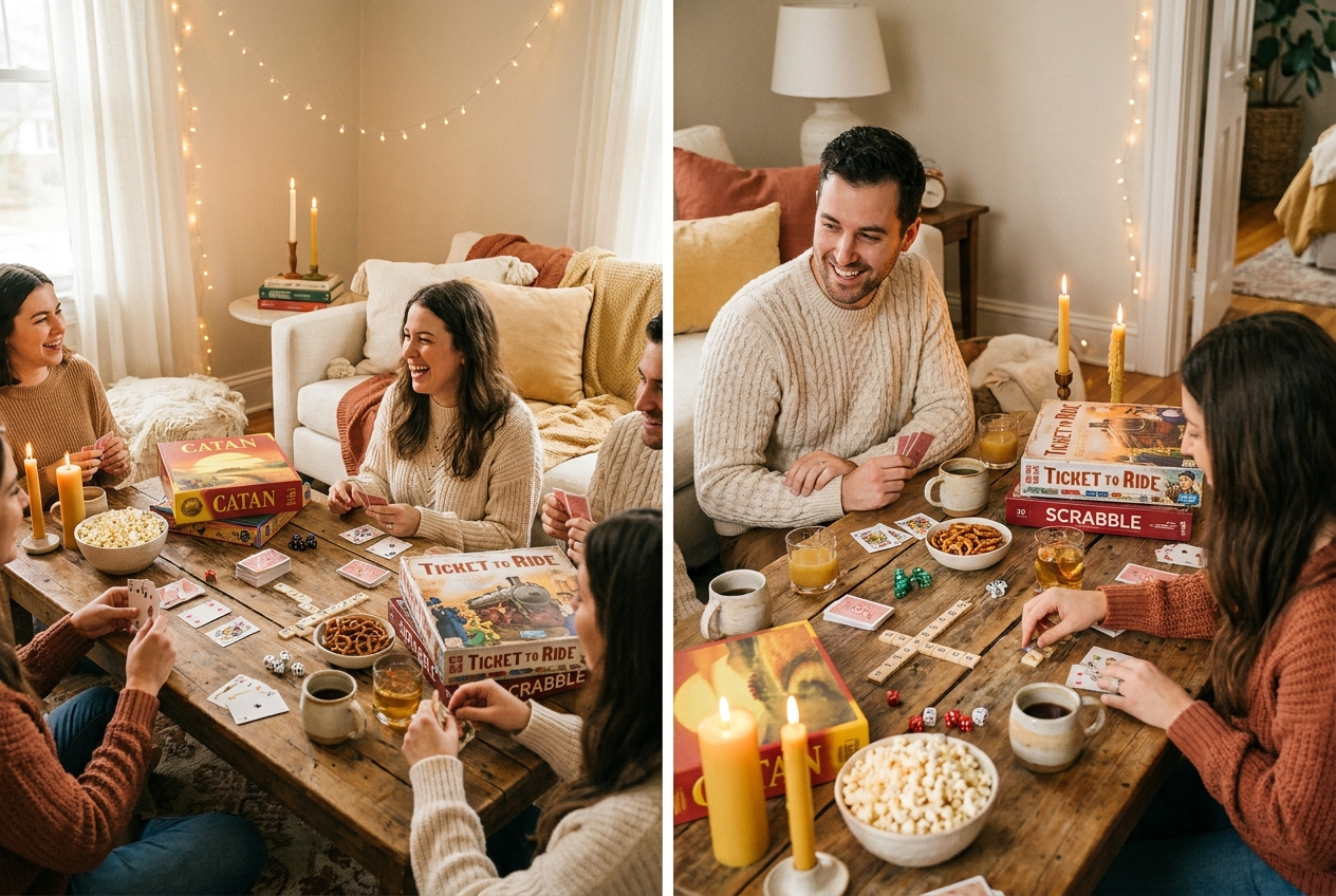 Gemütlicher Spieleabend zuhause mit Brettspielen, Karten, Snacks, Getränken und Lichterketten