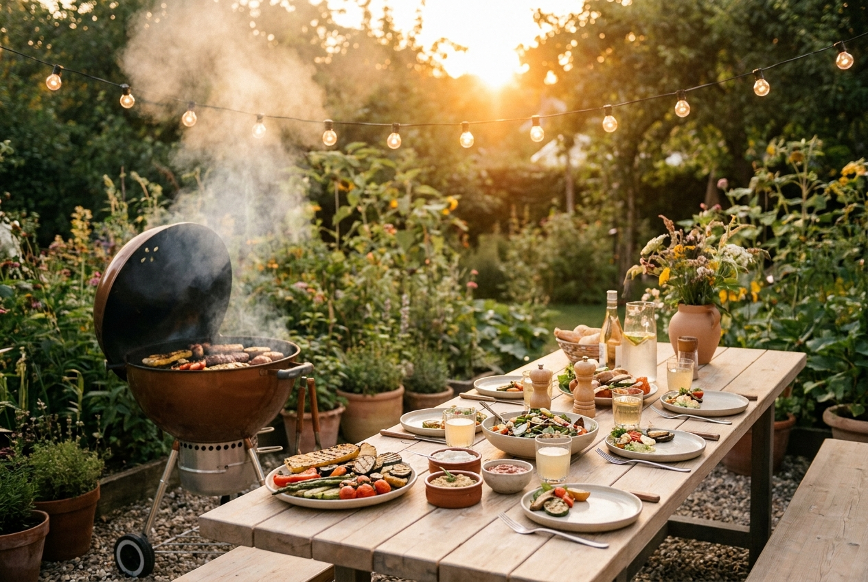 Gemütlicher Grillabend im Garten mit Grill, gedecktem Tisch, Salaten, Getränken und Lichterketten