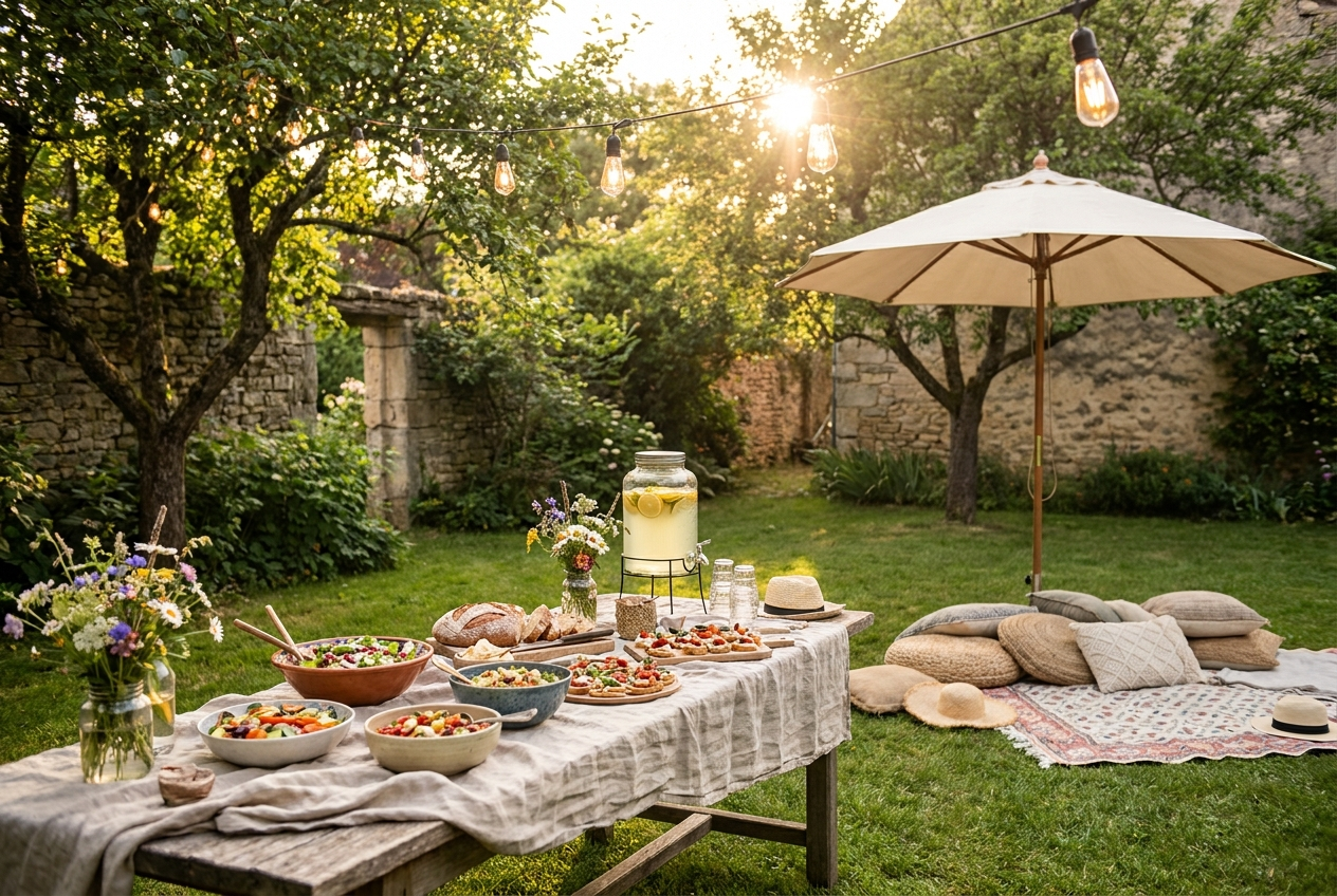 Sommerliche Gartenparty bei Sonnenuntergang: lange Tafel mit Blumen, Getränkespender, warme Lichterketten über dem Tisch und gemütliche Outdoor-Kissen im Garten