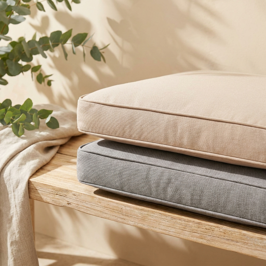 Gestapelte wetterfeste Outdoor-Sitzkissen in Beige und Grau