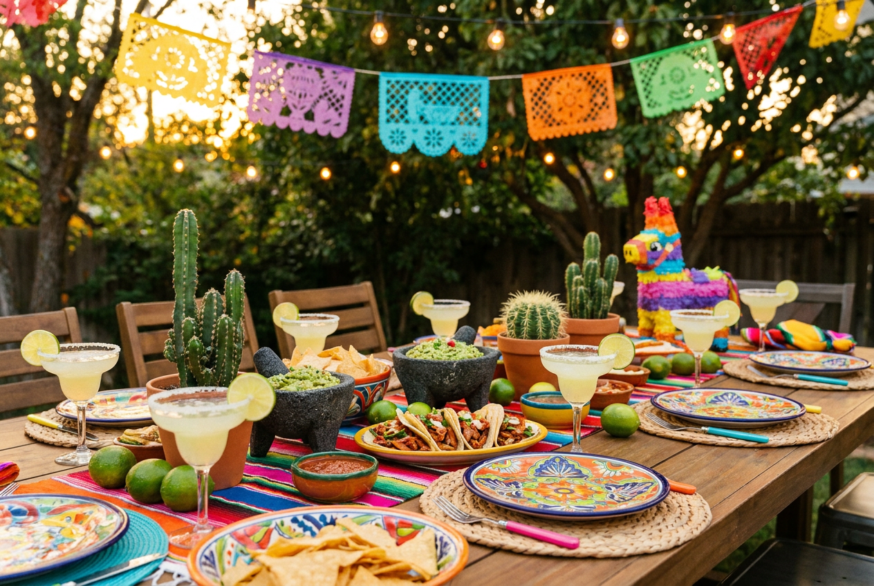 Festlich gedeckter Tisch für eine mexikanische Fiesta mit bunten Papel-Picado-Wimpelketten, Tacos, Margaritas und Kakteen-Deko