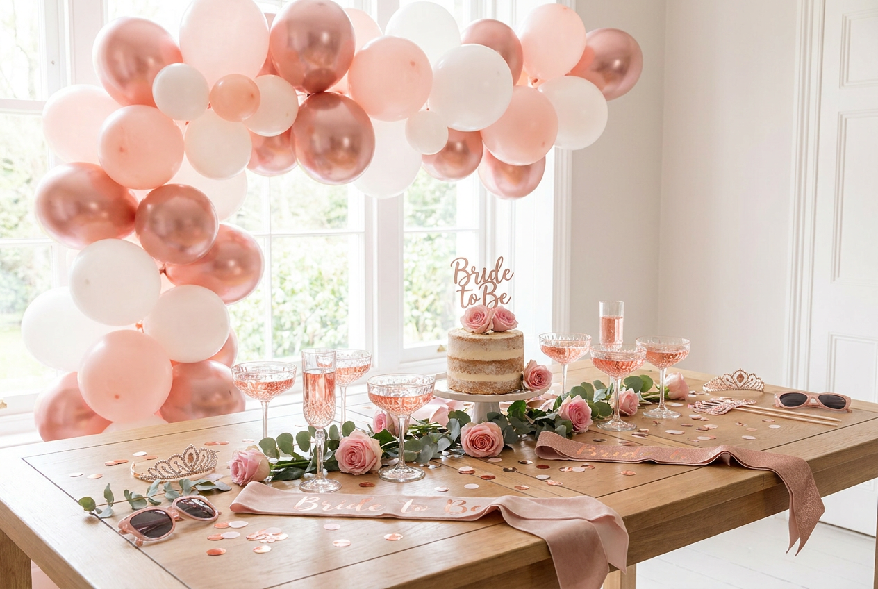 Festlich dekorierter Tisch für einen Junggesellinnenabschied in Rosé und Roségold mit Ballonbogen, Prosecco-Gläsern, Blumen und Schärpen