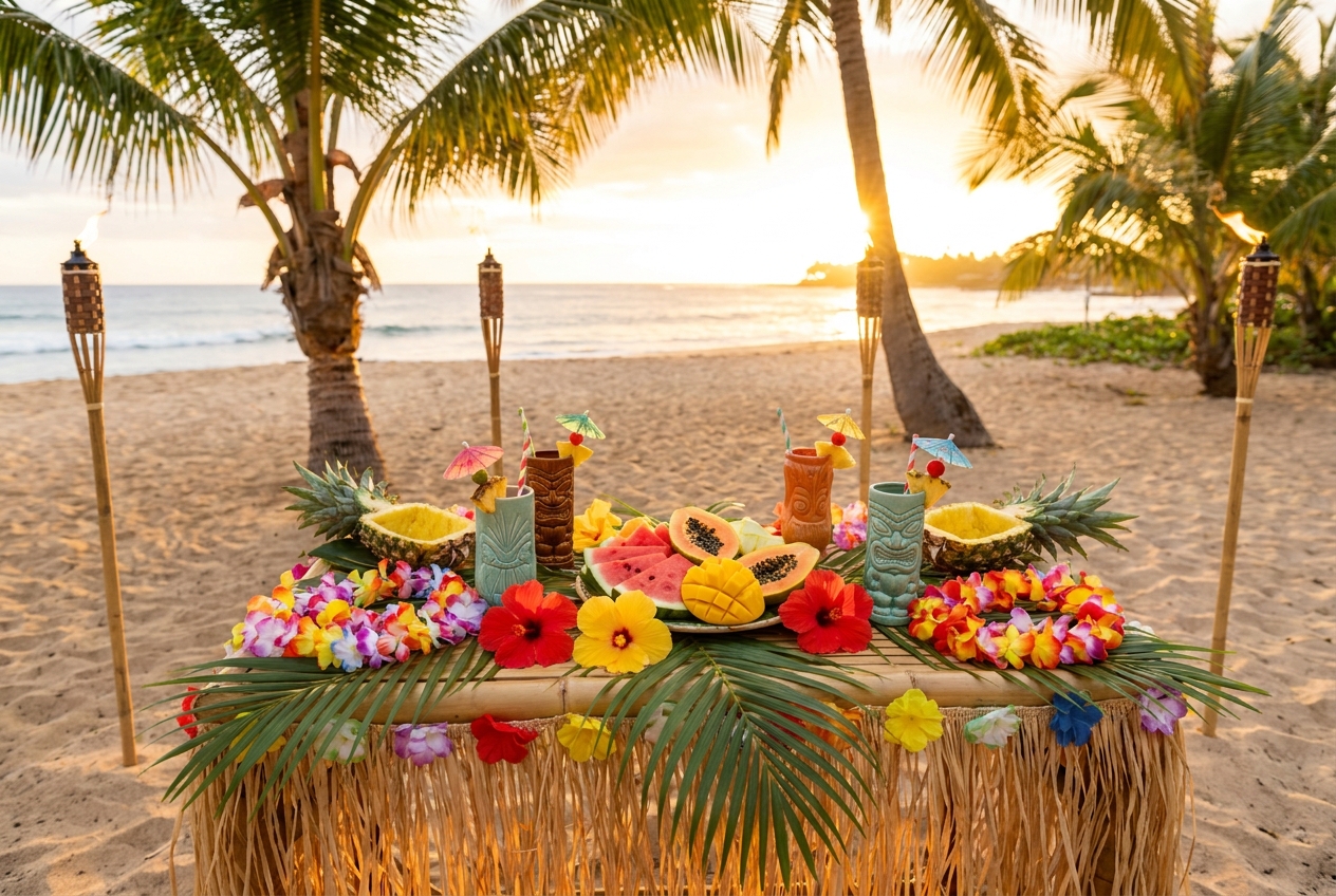 Tropisch dekorierter Tisch für eine Hawaii-Tiki-Party mit Blumenketten, Tiki-Bechern, Cocktails, Ananas und Palmblättern