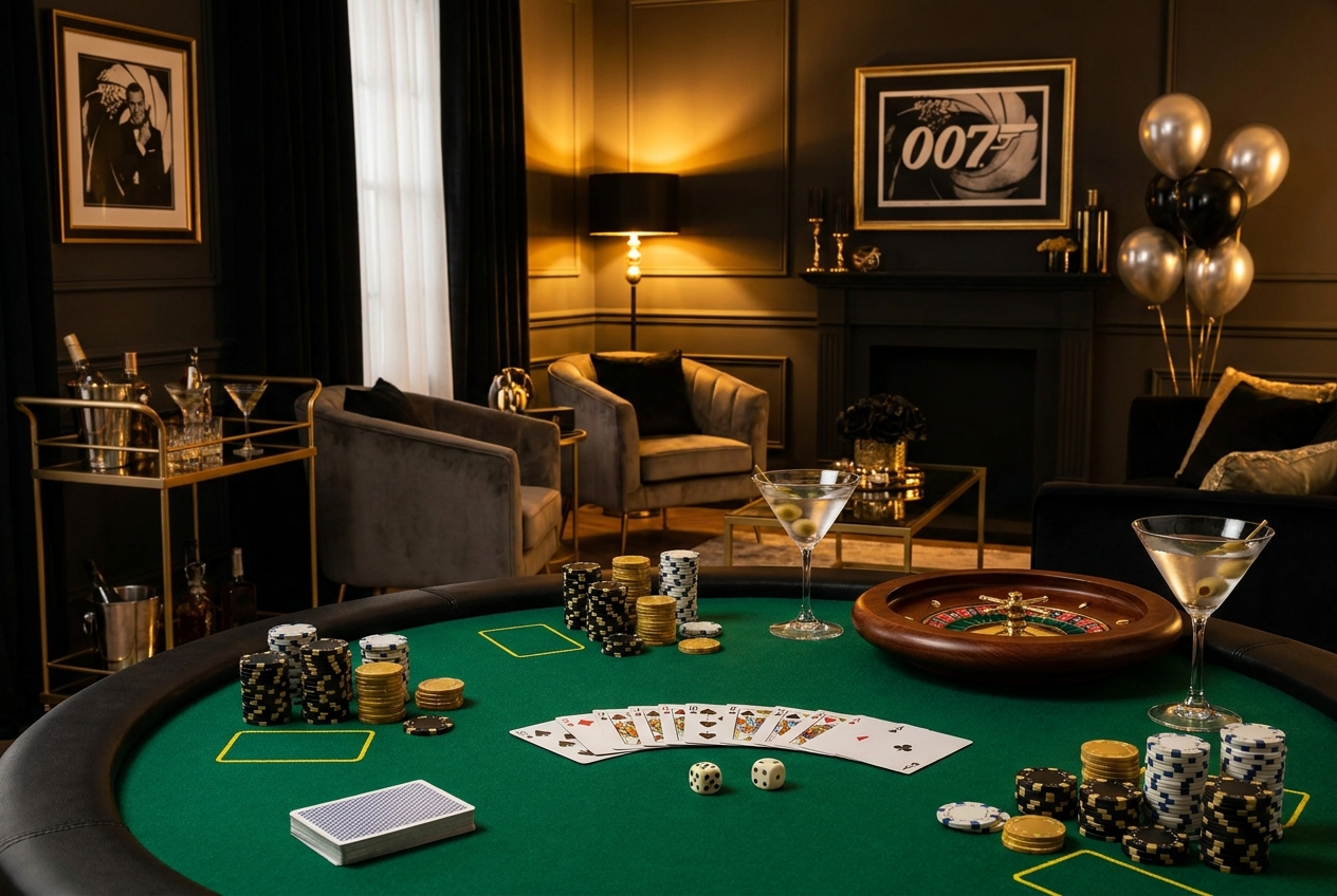 Eleganter Casino-Abend zuhause in Schwarz-Gold mit Pokerchips, Spielkarten, Würfeln, Mini-Roulette und Martini-Gläsern