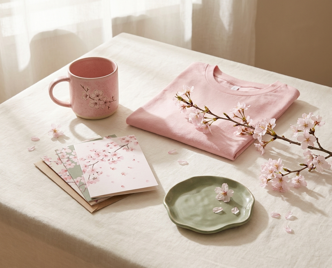 Styled flat-lay of Pink Petal Cafe handmade products with cherry blossoms