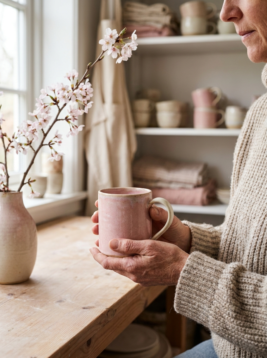 Artisan holding a handmade pink ceramic mug in the studio