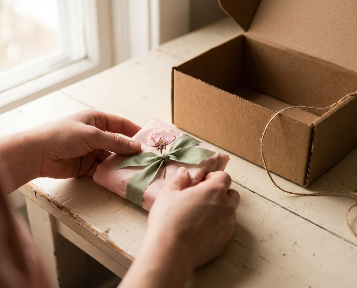 Wrapping an order in blush tissue with a pressed petal
