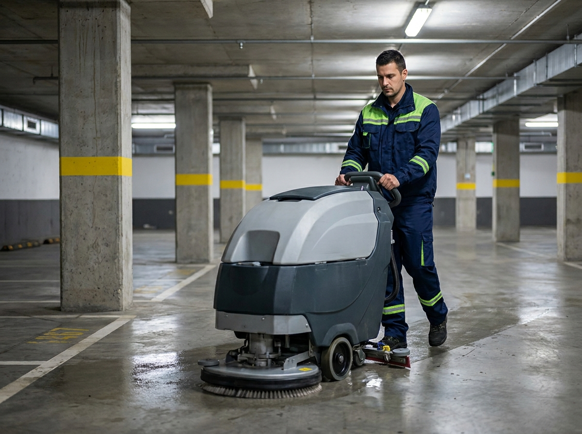 Parking subterráneo limpio con plazas delimitadas