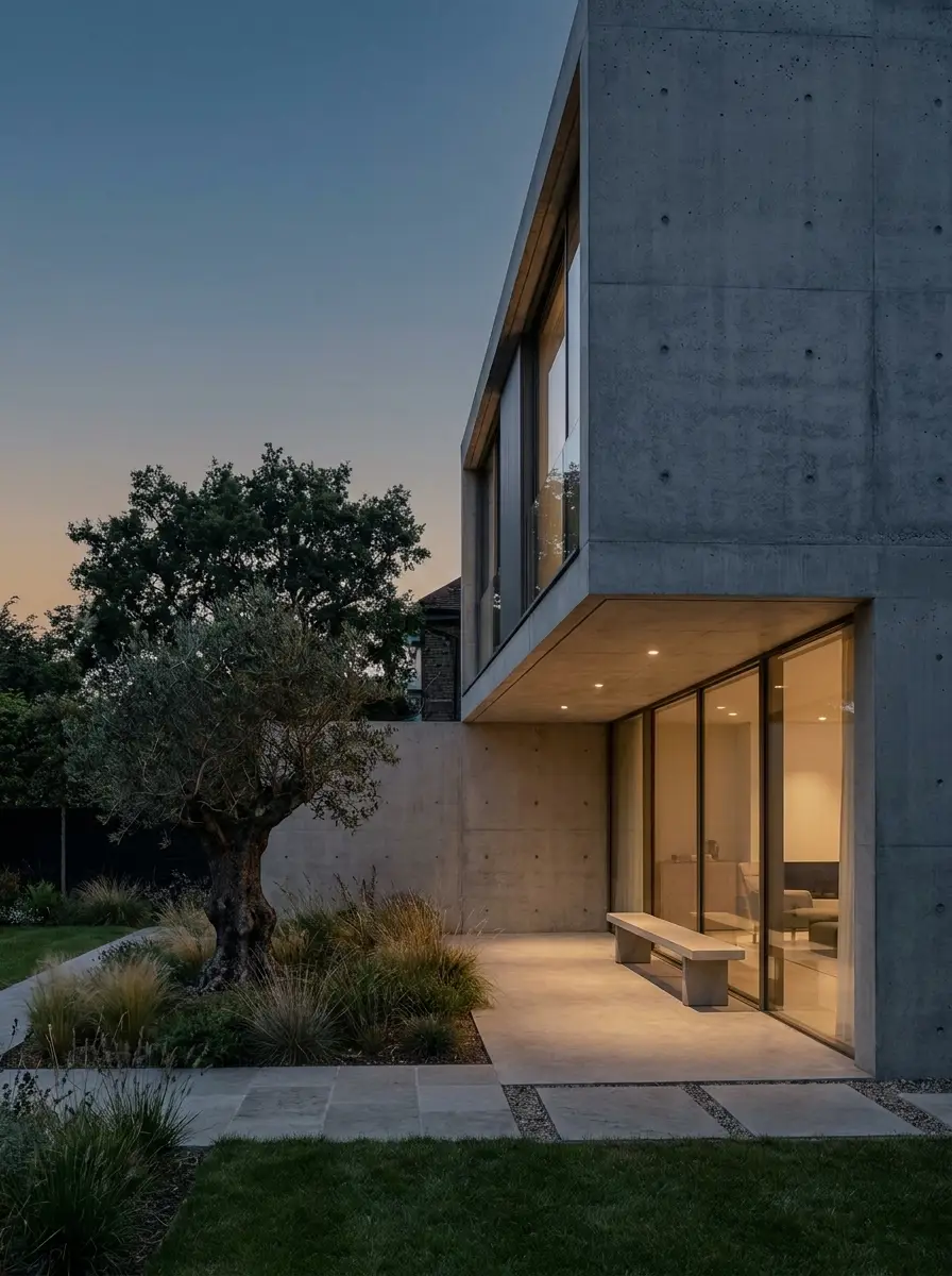 Minimalist concrete-and-glass house at dusk with warm interior glow