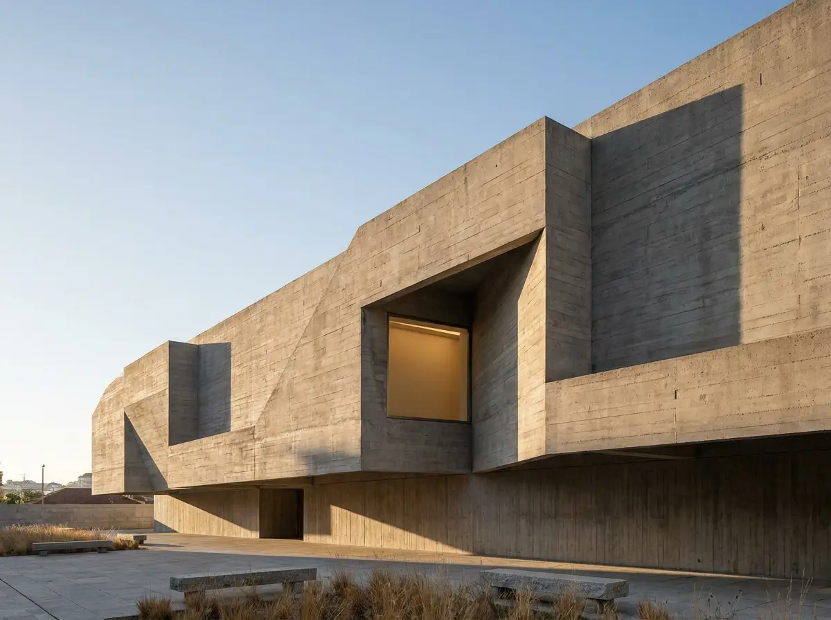 Board-formed concrete art gallery facade with deep geometric shadows