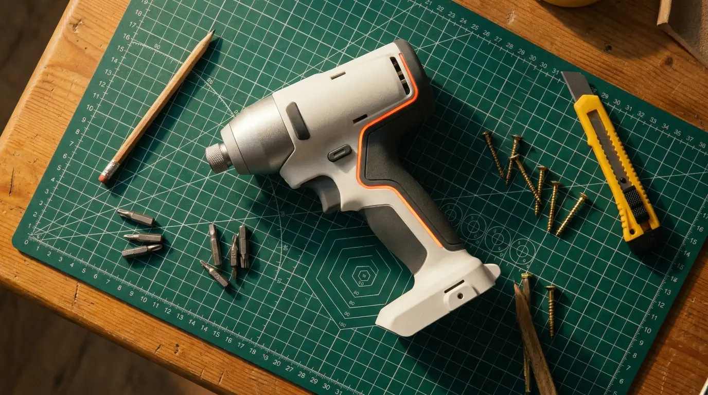 A TORQ impact driver resting on a green cutting mat surrounded by tools