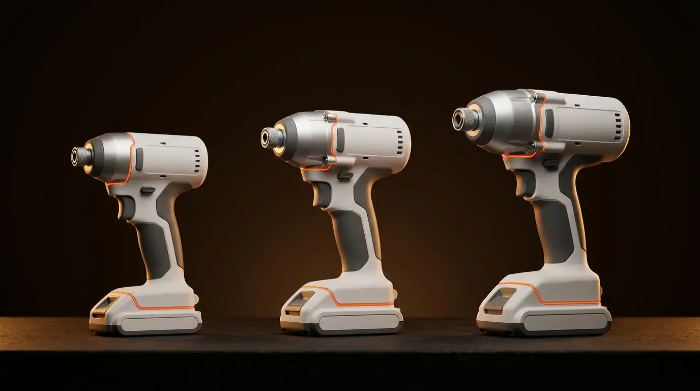 Three TORQ impact drivers, from compact to heavy-duty, spotlit on dark