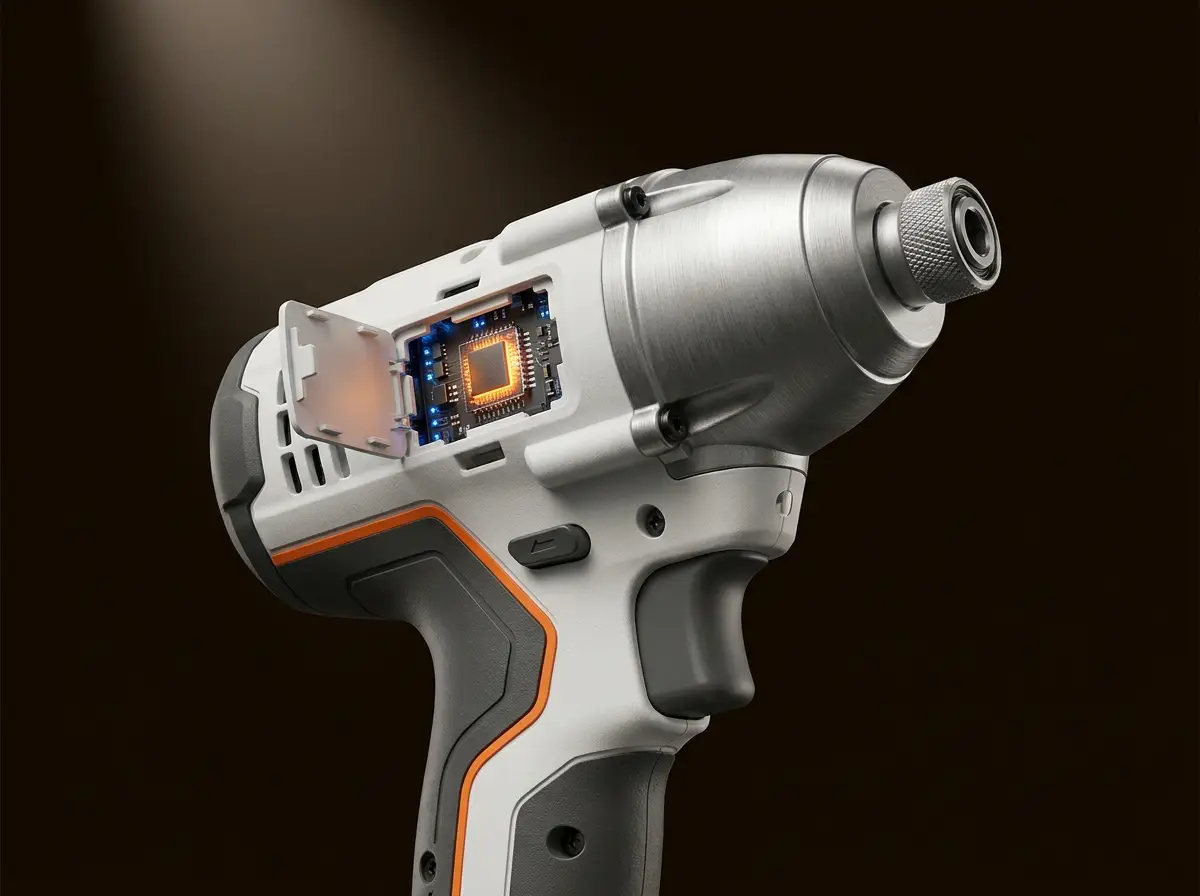 A TORQ driver with a panel open, revealing a glowing orange AI processor
