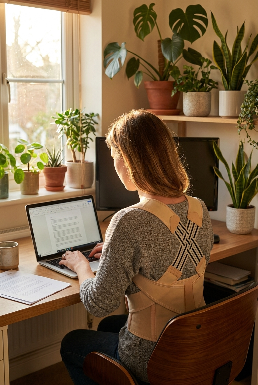 BackBloom posture corrector worn at a desk