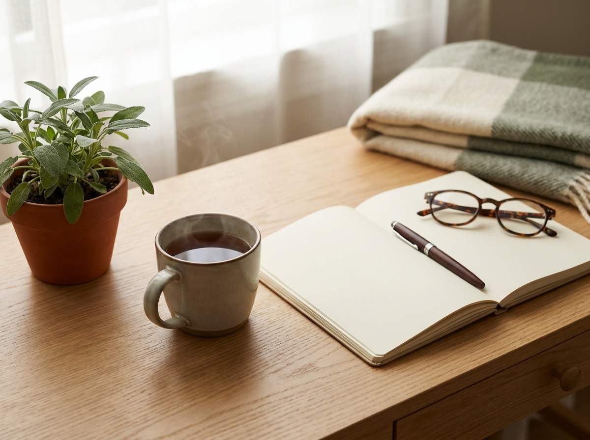 A calm, warm wellness consultation space with a notebook, herbal tea and a green plant