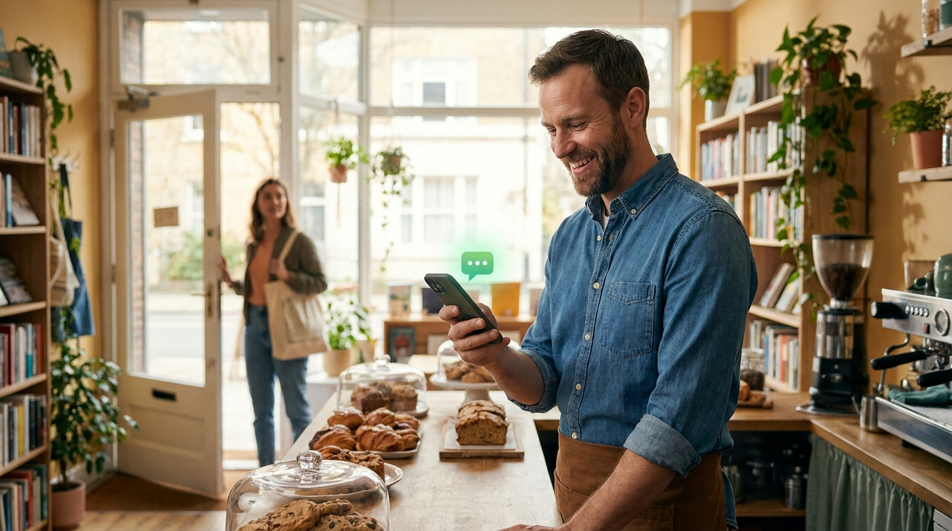 A happy Tampa small-business owner smiling at his phone as a new customer walks into his welcoming shop — getting found and recommended in the AI era