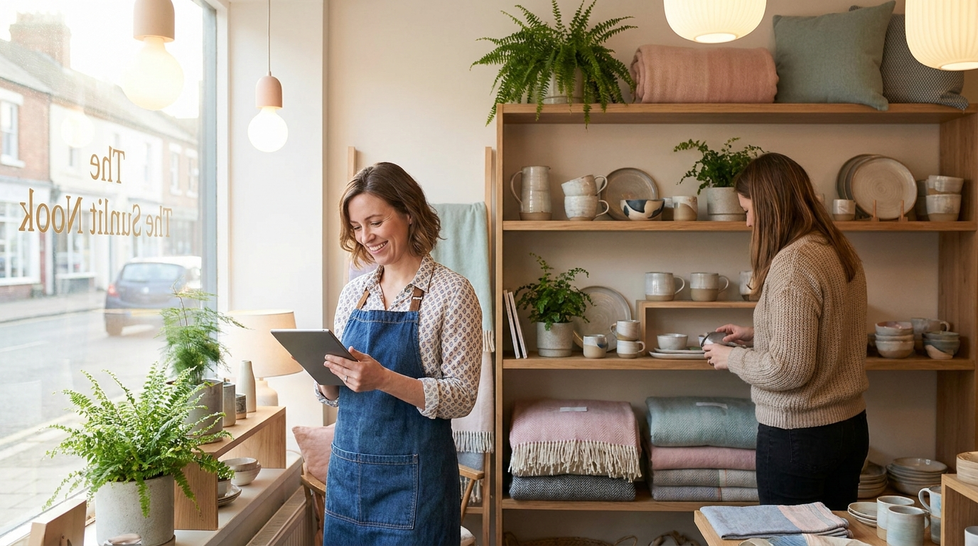 A friendly Tampa boutique owner smiling at her tablet as a customer browses her shop - a local business getting found and recommended in the AI era