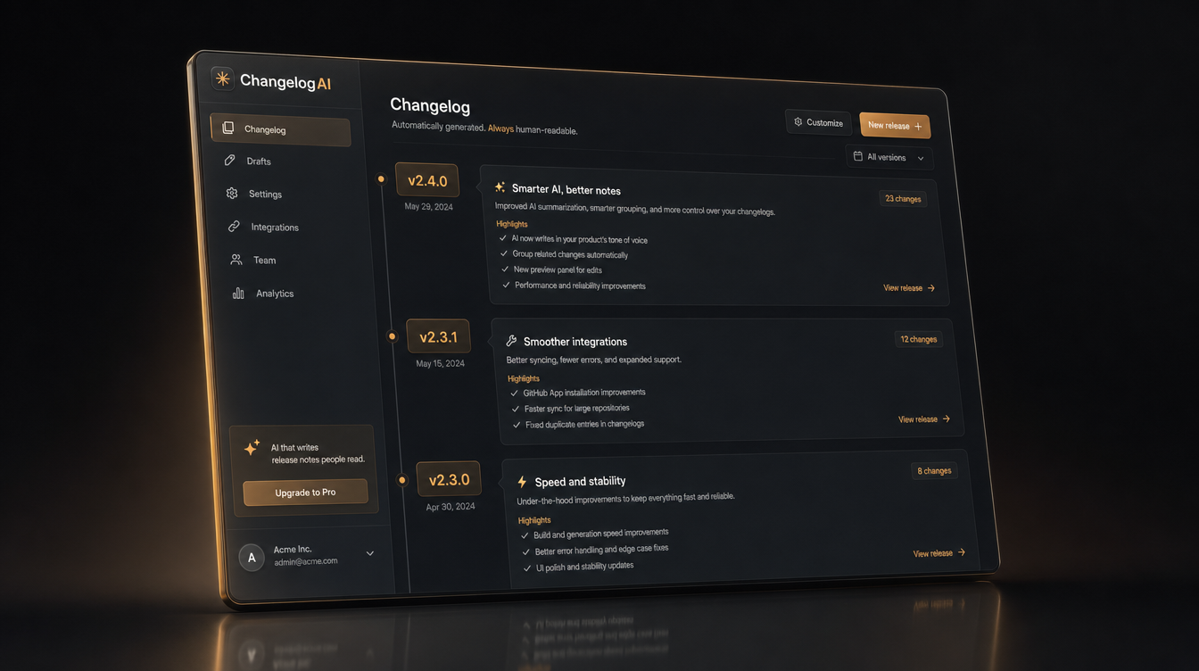 ChangelogAI — dark-mode changelog interface with amber version badges