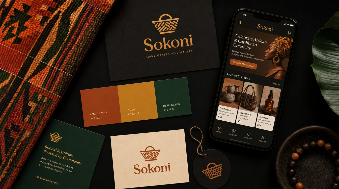 Sokoni — marketplace brand identity flat-lay with woven pattern and app screen