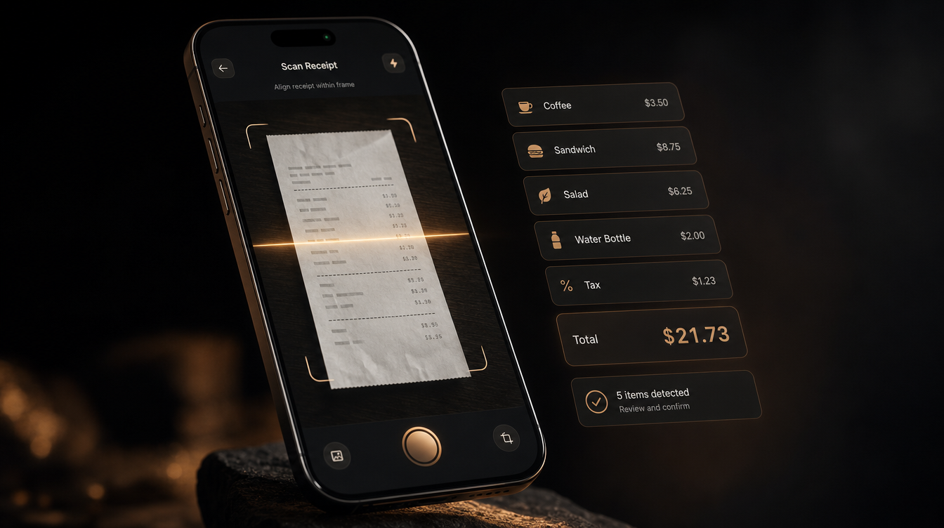 receiptLens — phone scanning a receipt with an amber scan line