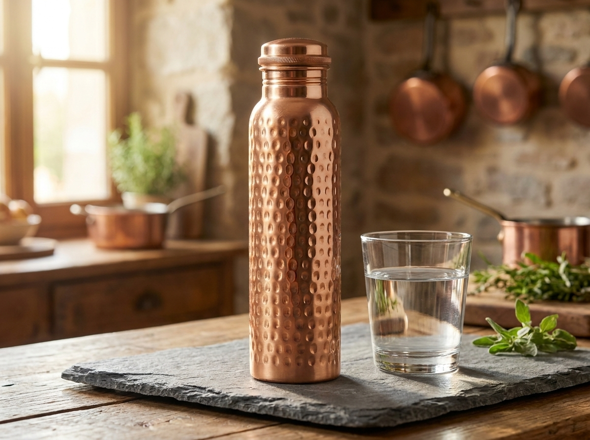 Bouteille en cuivre pur de Rose posée sur une ardoise, lumière du matin