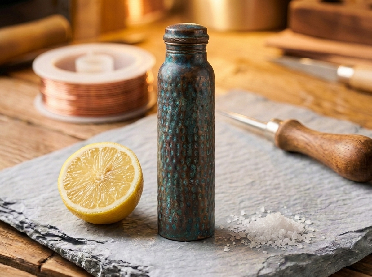 Patine naturelle du cuivre, citron et gros sel pour l'entretien