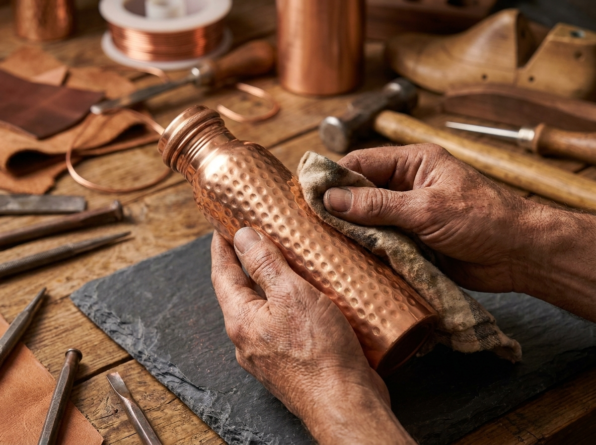 Mains d'artisan travaillant le cuivre pur