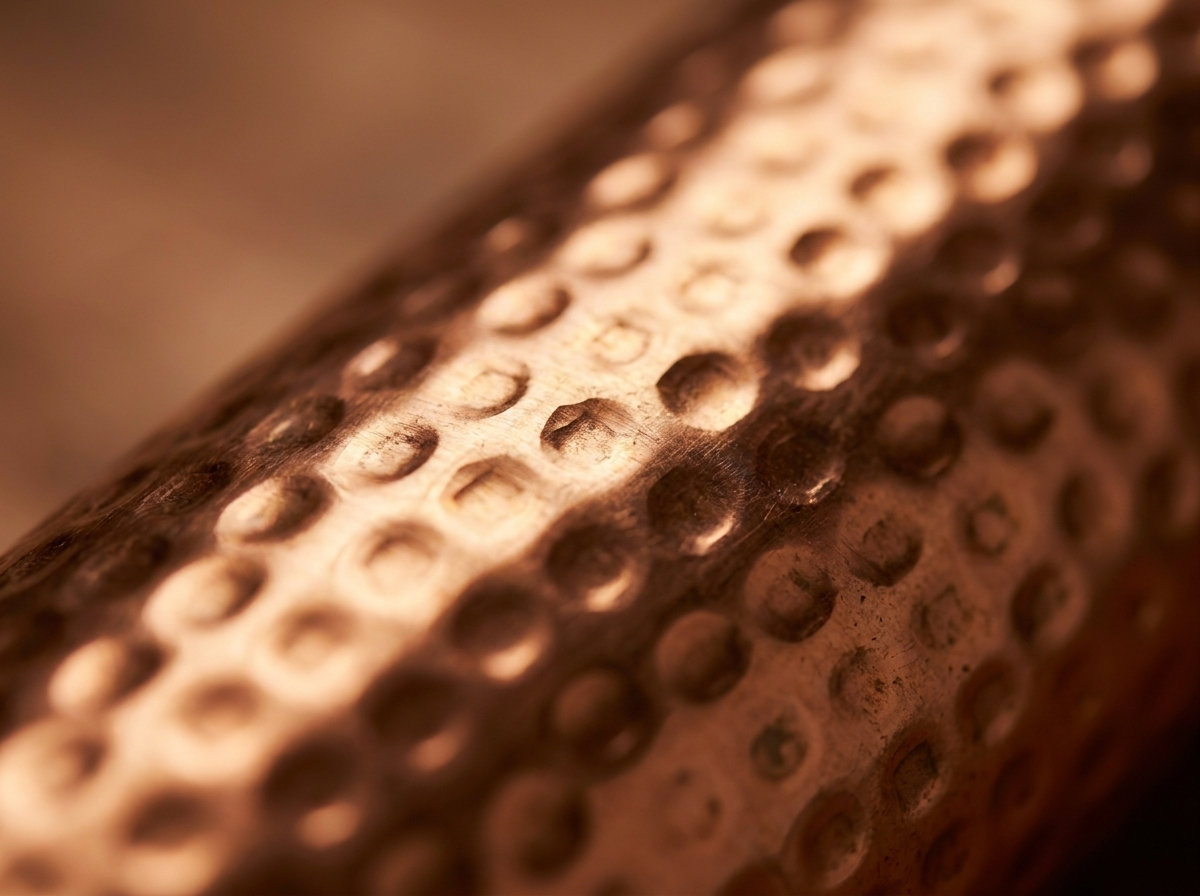 Détail de la texture martelée à la main de la bouteille en cuivre