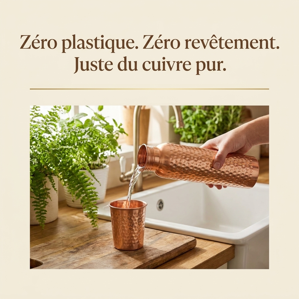 Bouteille en cuivre face à des bouteilles en plastique jetables