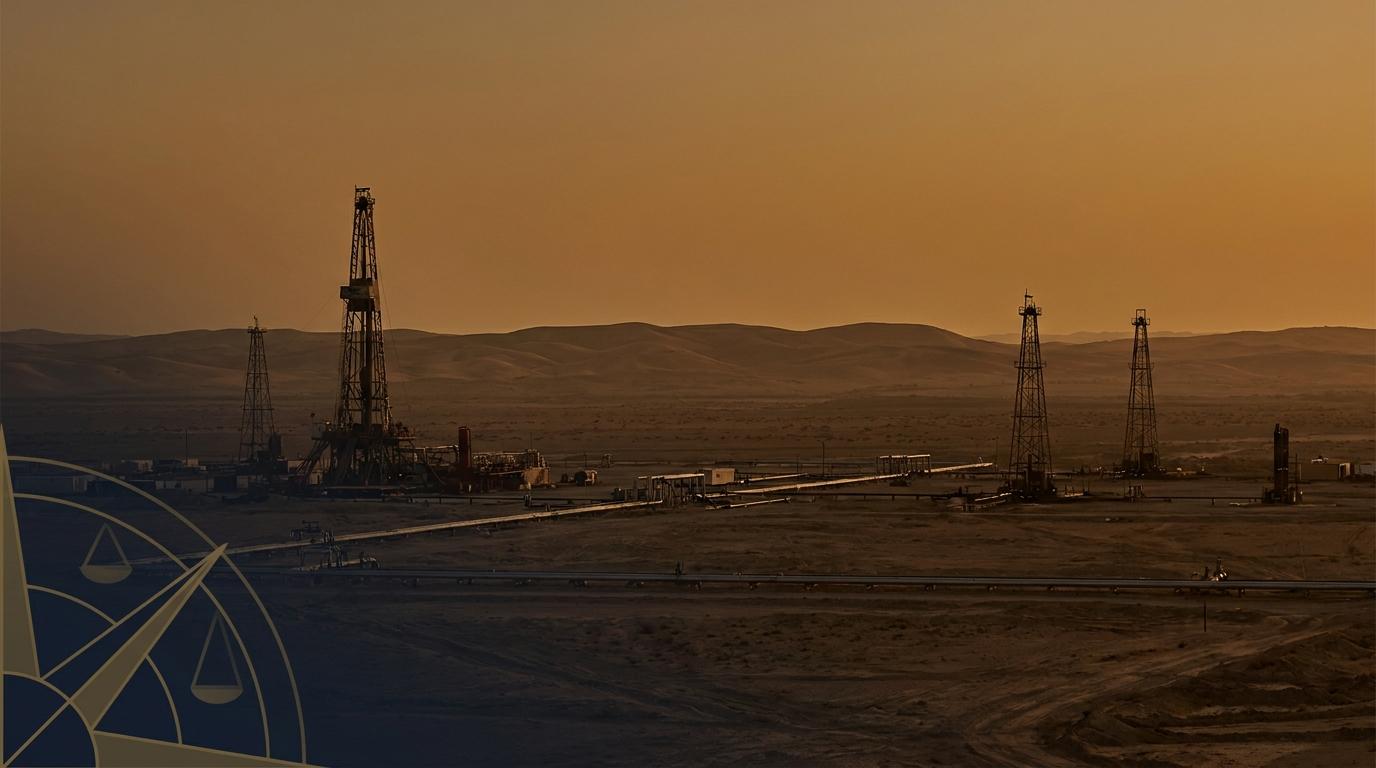 Oil field infrastructure in southern Iraq at golden hour - Iraq Gate Legal Consulting
