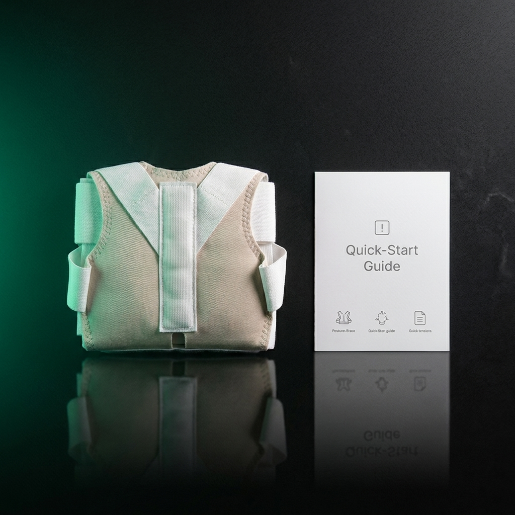 The ALINE posture corrector and quick-start guide, neatly arranged
