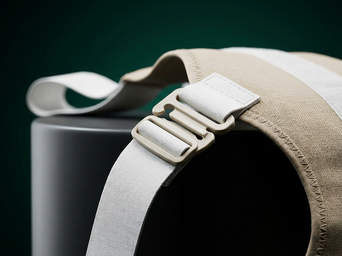 Close-up of the adjustable strap buckle and breathable knit fabric of the brace, lit against an emerald gradient backdrop