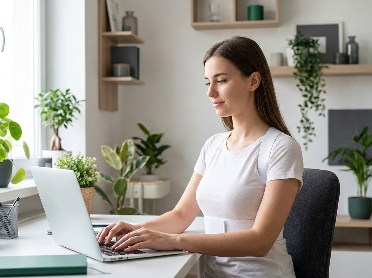Person sitting upright with open shoulders, wearing the brace discreetly at a sunlit home office desk