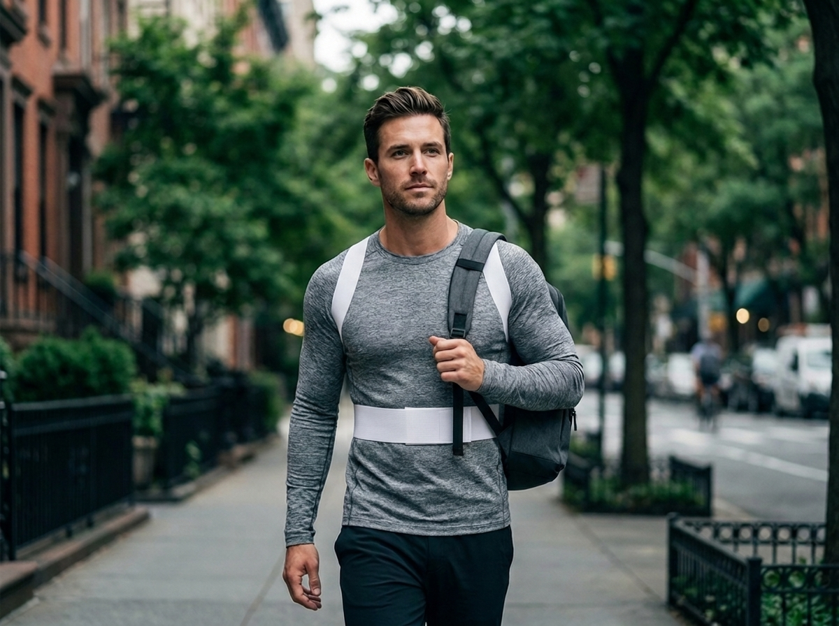 Confident person standing tall outdoors on a city sidewalk, wearing the brace over a fitted top