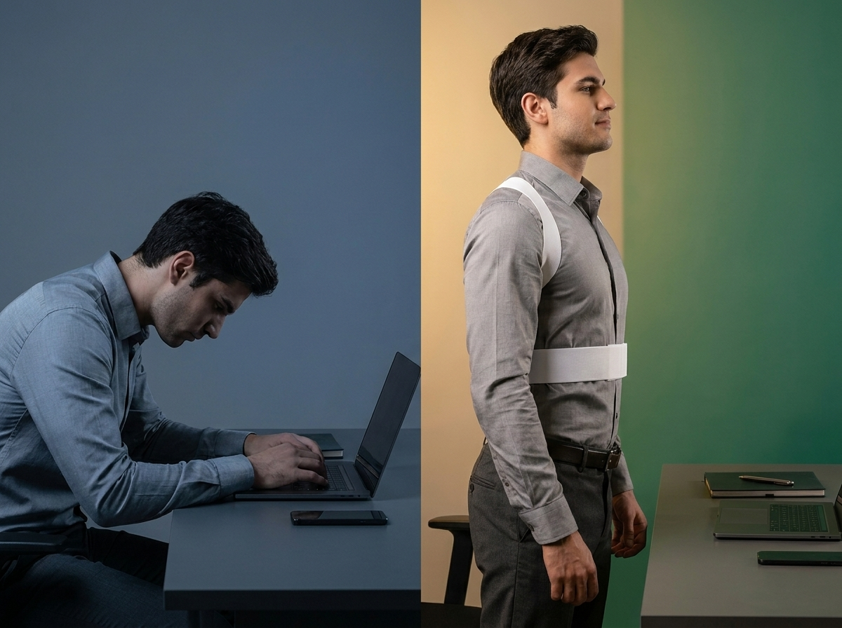 Split image: the same person shown slouched on the left and standing tall and confident on the right