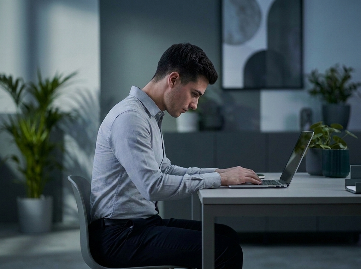 Before: slouched with rounded shoulders and head dropped toward the laptop