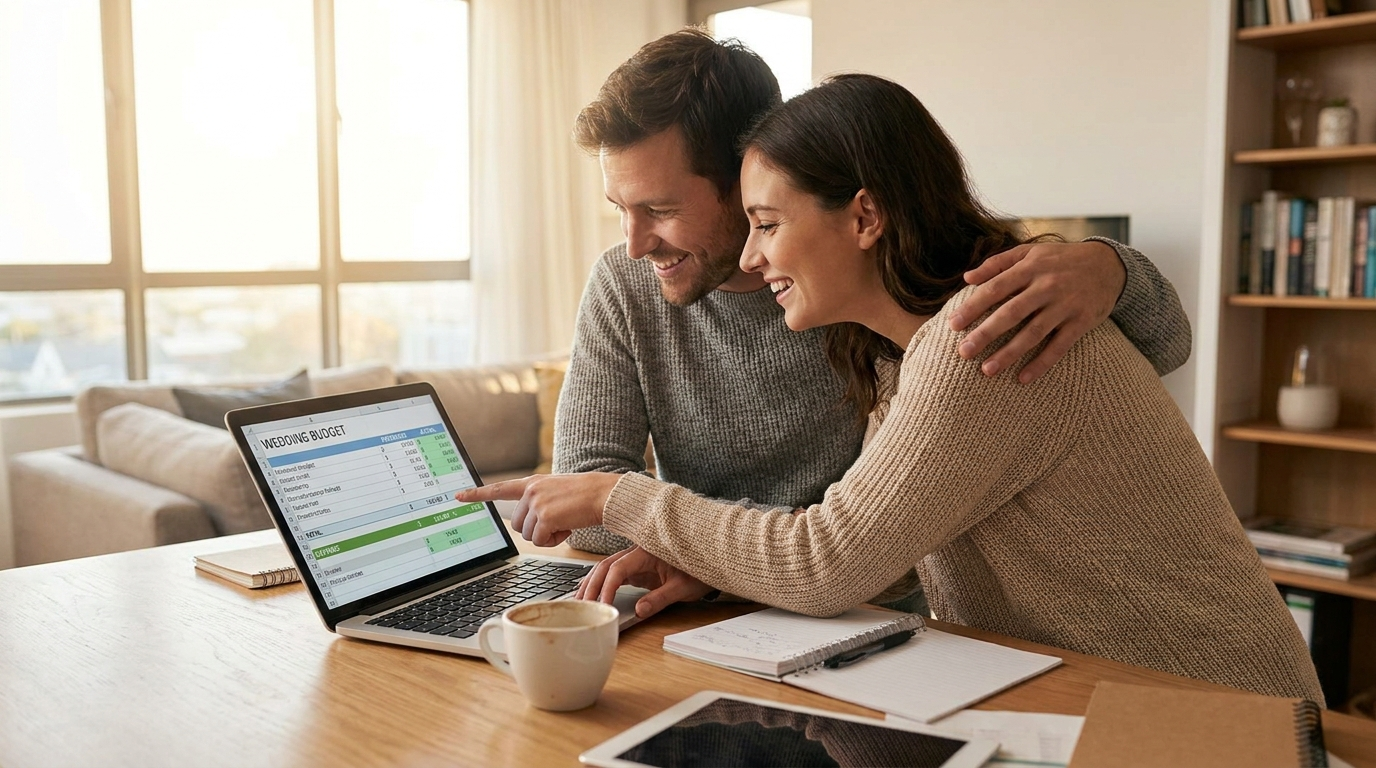 Couple planning their wedding budget