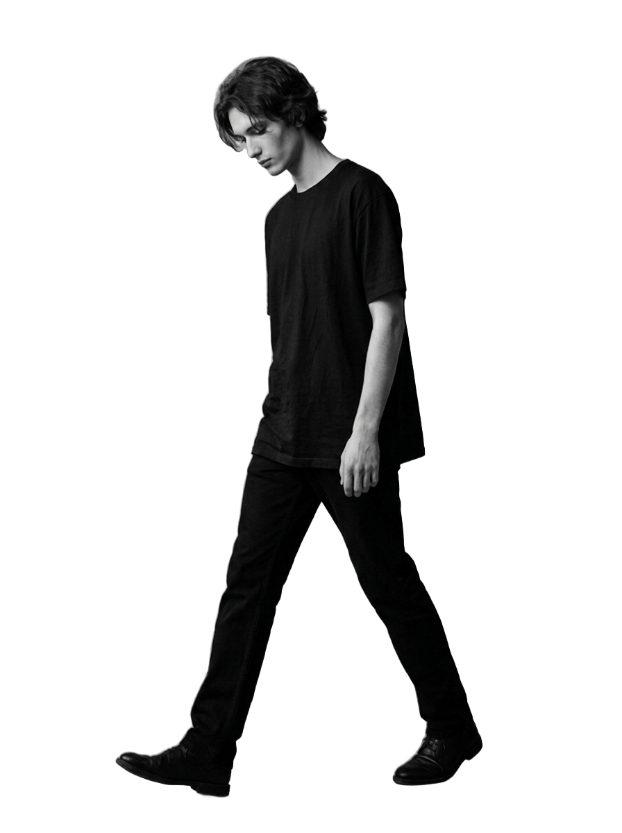 Model walking wearing TRYNO black oversized tee