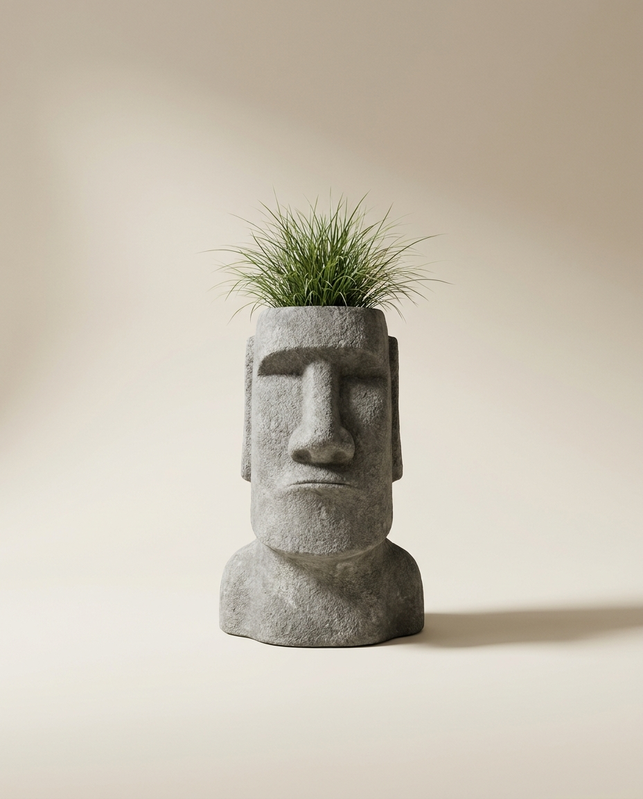Moai/face-carved cylinder pots