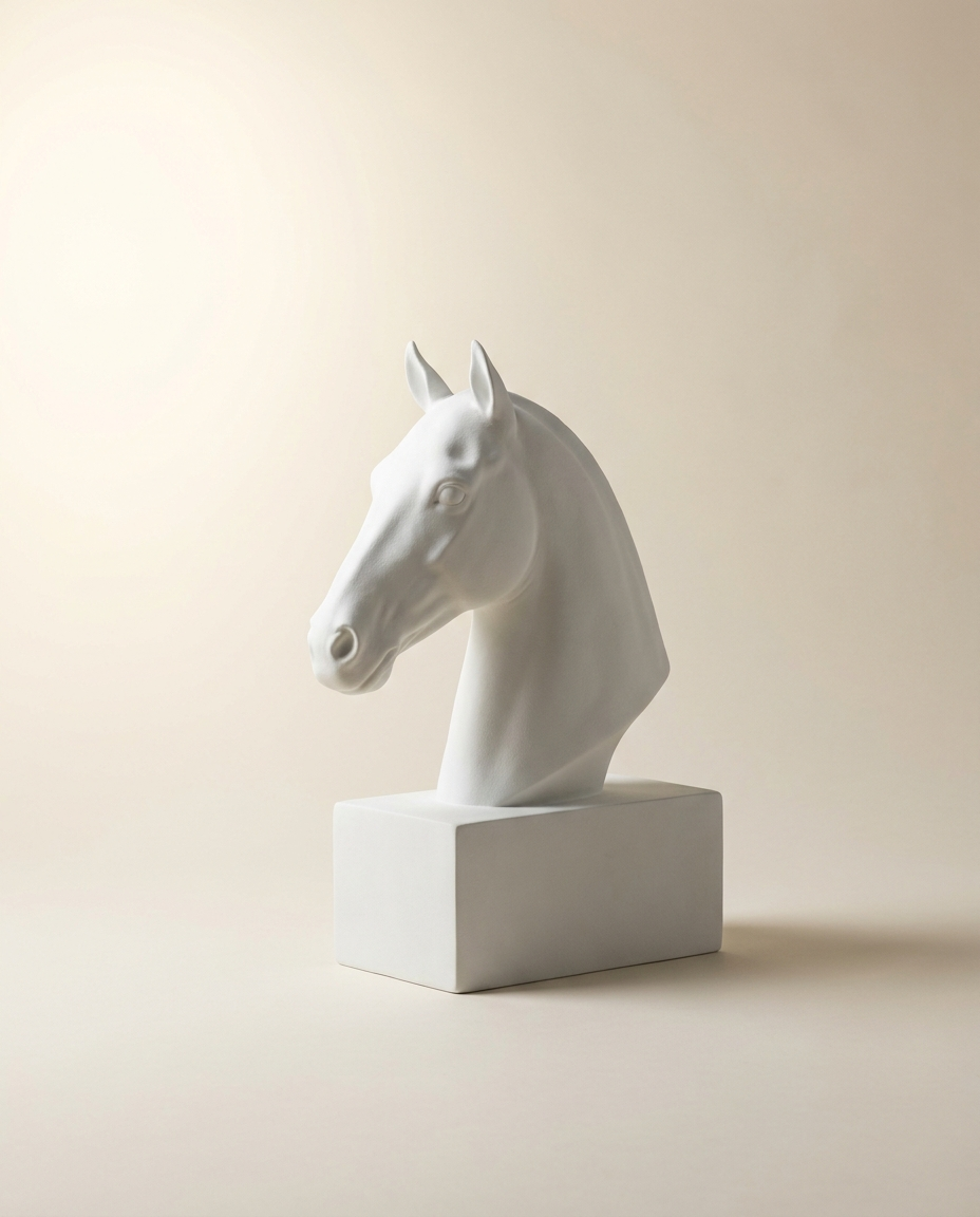 Horse-head sculptures on plinths