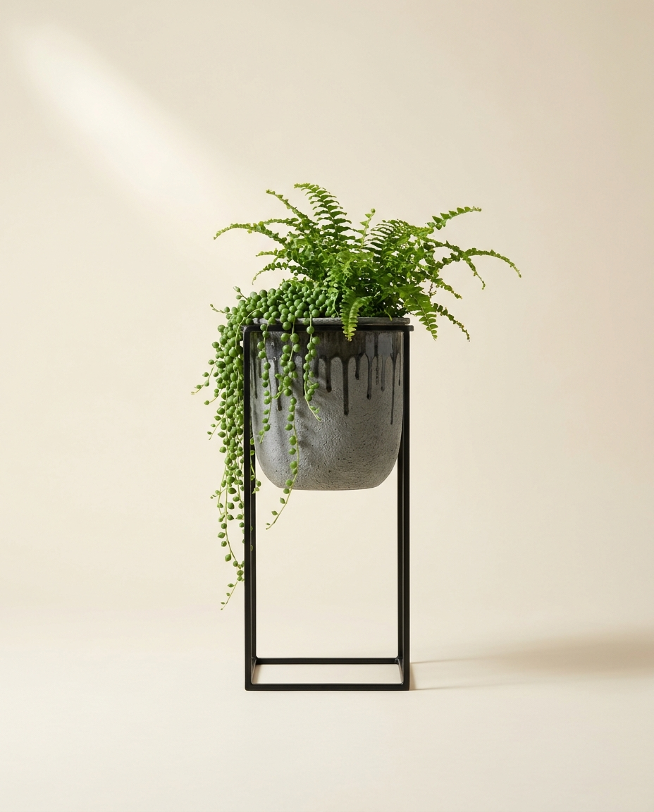 Rock-drip pot in tall iron frame